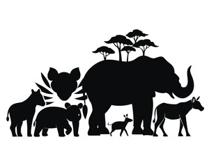 African Elephant Family Silhouette | Savannah Wildlife Vector Scene
