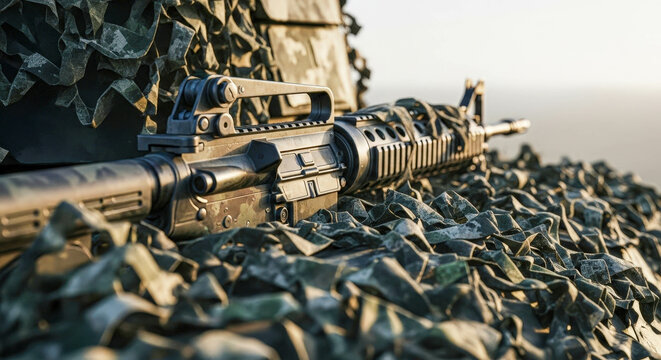 Military rifle on camouflage netting. Army weapon ready for deployment. Concept of war and defense strategy. For military training material.