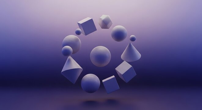 Purple Geometric 3D Abstract with Floating Cubes and Spheres