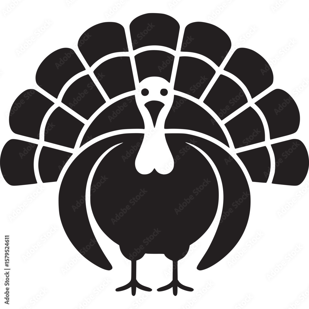 Poster a black and white graphic of a turkey with a large tail on a light gray background in vector style o