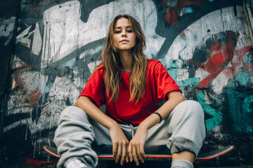 Young woman sitting on a skateboard in front of a graffiti covered wall looking at the camera