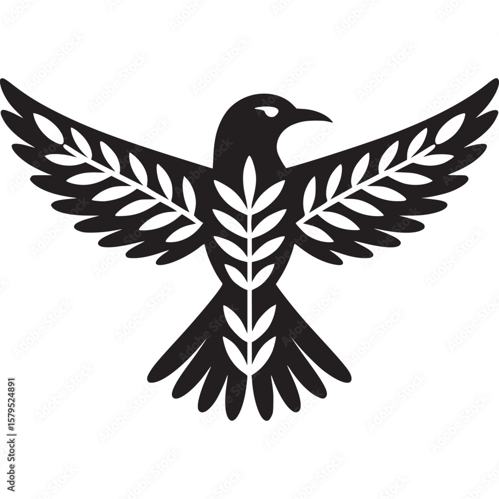 Poster a stylized black bird with leaf patterns on its wings and body on a white background design art on t