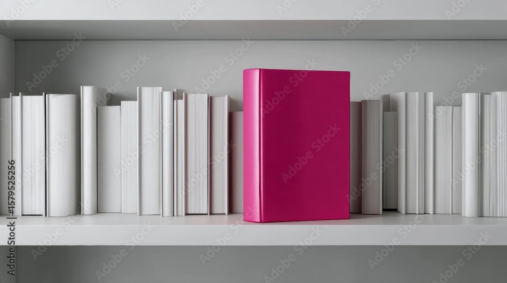 Poster white bookshelf with a pink book on the right side. the book is in the center of the image and is st