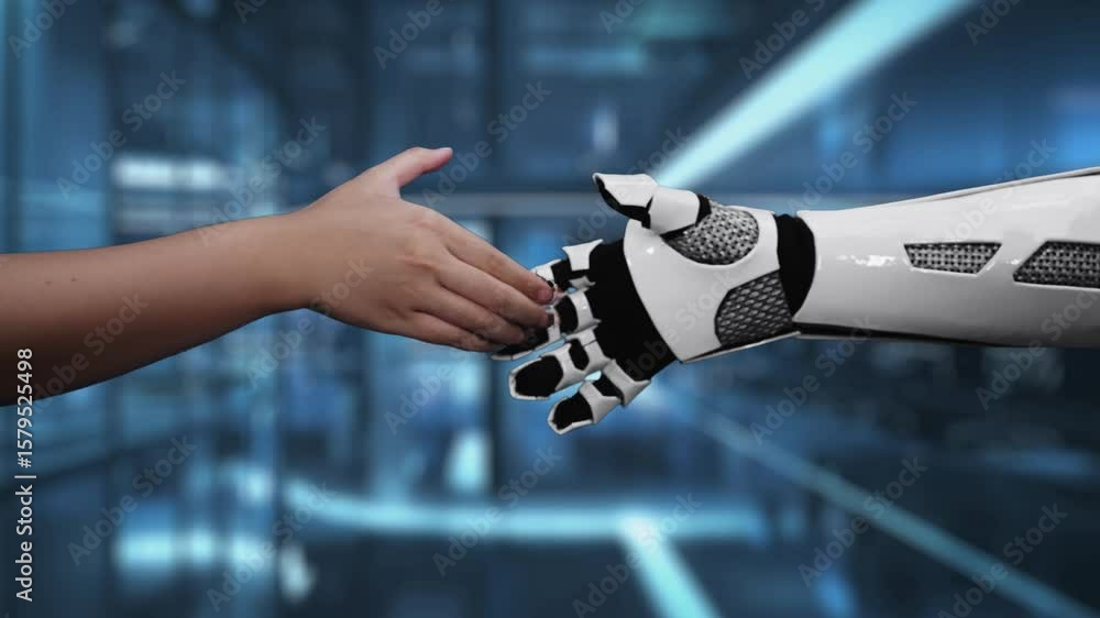 Poster a human hand reaches towards a robotic hand in a futuristic environment, symbolizing the collaborati