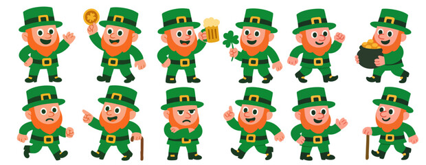 Cartoon Leprechauns Set – Cute Vector Collection of Irish Characters with Gold, Shamrock and Emotions