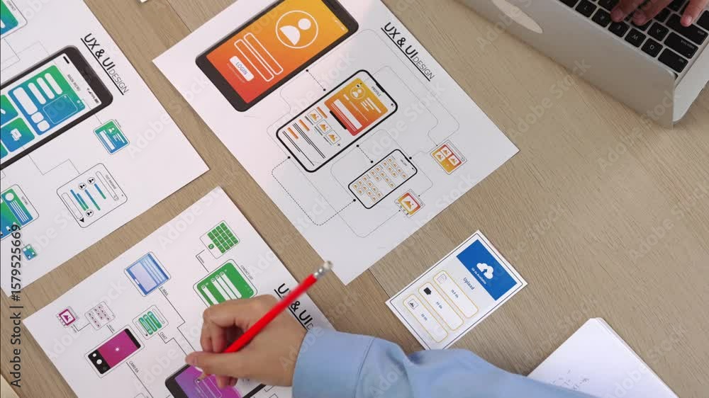 Poster top view panorama video of startup company employee planning on user interface prototype for mobile 