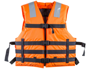 An orange life jacket with gray stripes on the front, transparent background, PNG fil