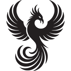 Stylized black phoenix illustration with wings spread and tail feathers curled on white background on transparent background