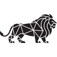 A geometric lion illustration in black and white with a triangular pattern on its body design shape on transparent background