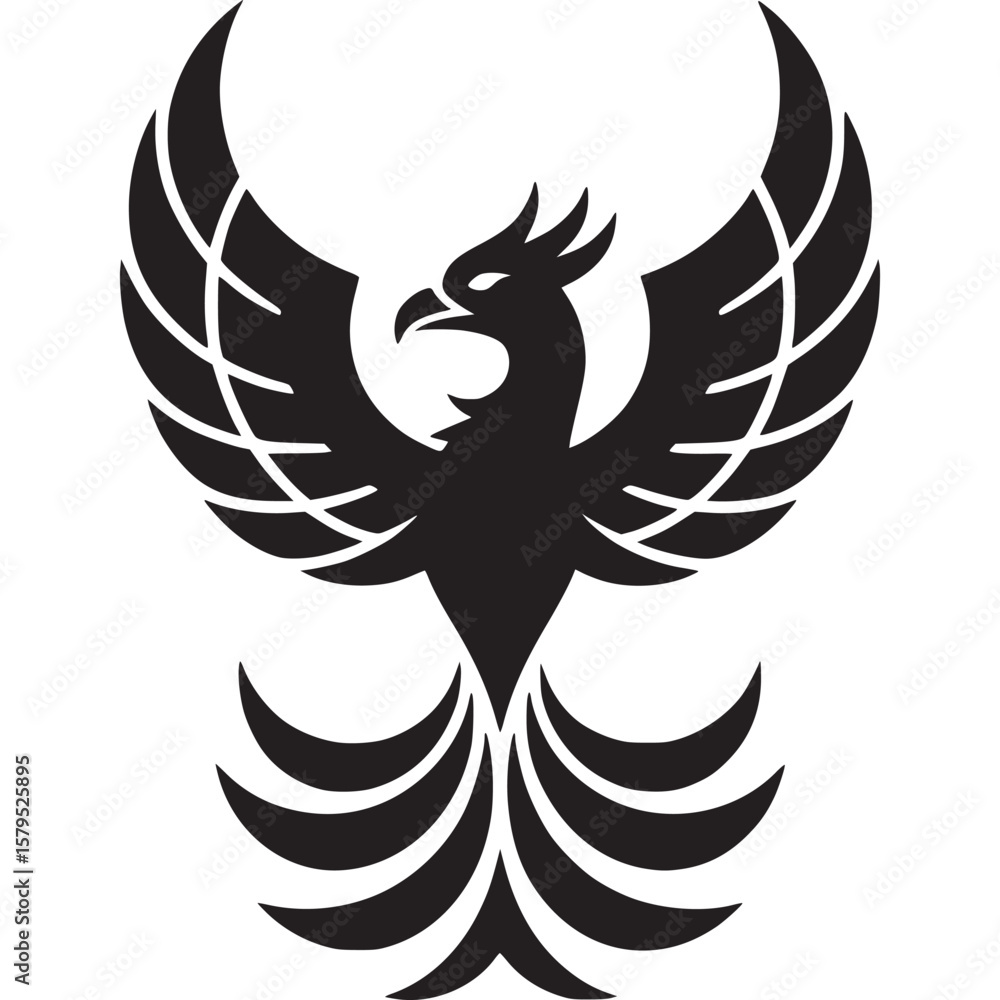Poster a stylized black phoenix with spread wings on a white background in a minimalist design style on tra