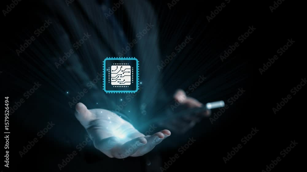 Poster a hand elegantly showcases a glowing microchip surrounded by dynamic digital connections, symbolizin