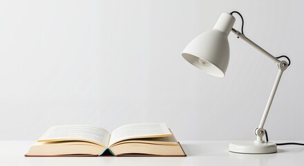 Open book beside a modern desk lamp on a minimal white background  