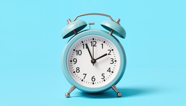 Vintage blue alarm clock with white dial on bright blue background  