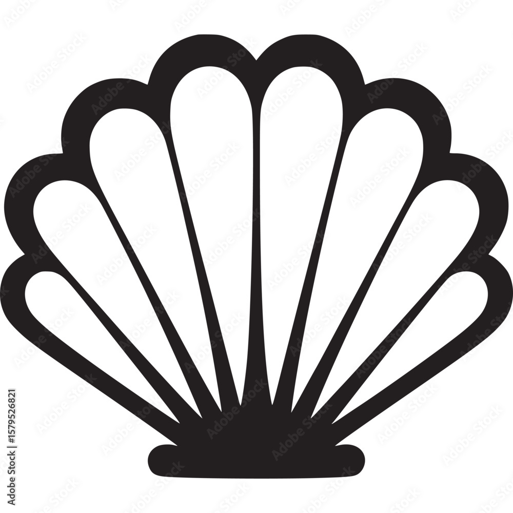 Poster a minimalistic black and white illustration of a seashell with a scalloped edge on a white backgroun
