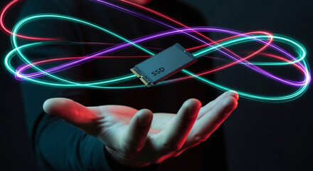 Ssd drive technology storage data transfer fast speed computer hardware performance and innovation concept