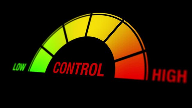 Animation of a control gauge transitioning from low to high with vibrant colors. Symbolic of monitoring, adjustment, or optimization in settings involving technology, business, or emotion.