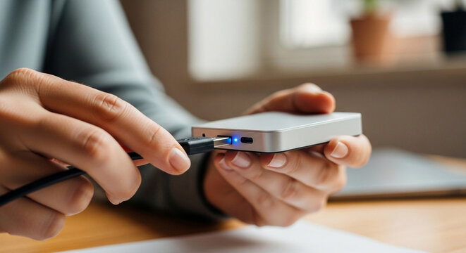 Connecting external hard drive usb cable data transfer backup storage device technology portable ssd in hand