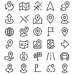 Diverse set of navigation icons in simple outline style, Comprehensive collection of location and travel icons for web and mobile apps