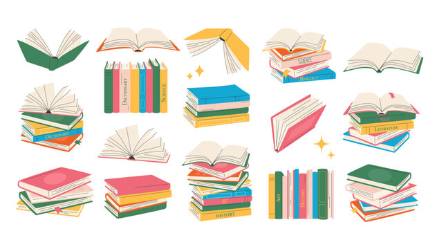 Books set. Flat style book stack, open book. Reading studying and learning. Back to school.