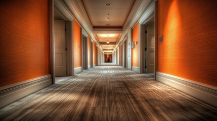 A long hotel corridor with vibrant orange walls, light gray carpeting, and evenly spaced white doors receding to a distant exit sign.  The perspective creates a sense of depth and linearity