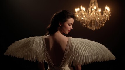 Young woman with long dark hair, wearing a white dress with a plunging neckline. she is standing in front of a large chandelier with multiple lights hanging from the ceiling.