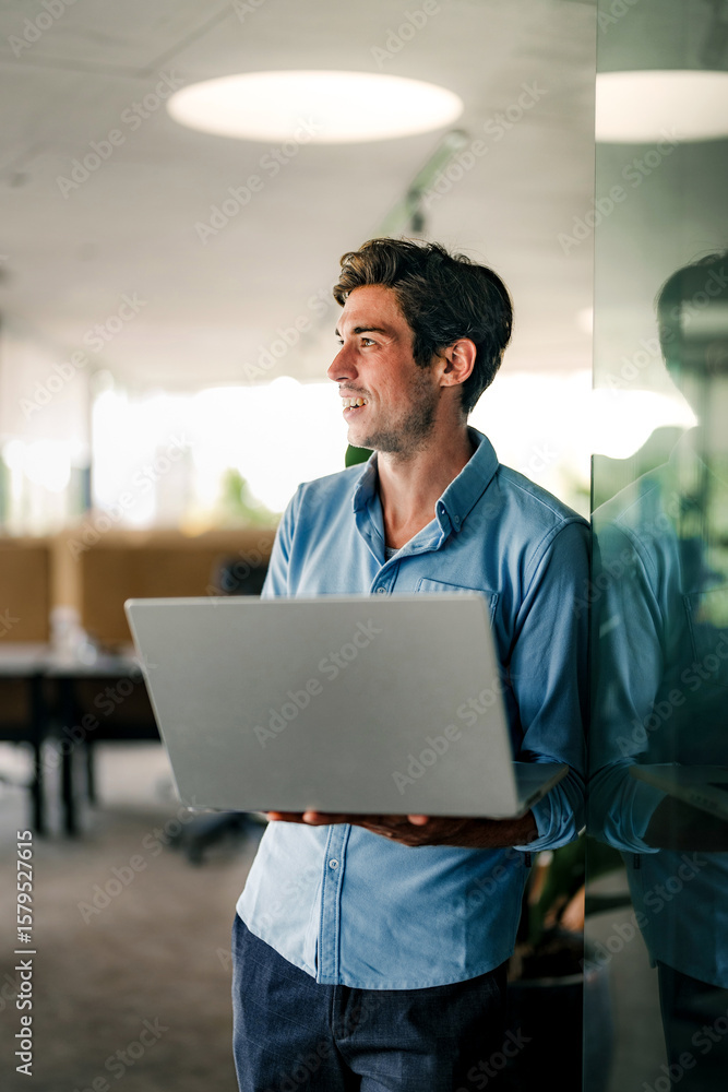 Poster Software engineer using laptop computer with global network connection, Technology, innovation