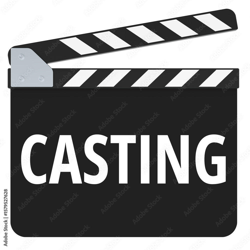 Poster casting concept with movie clapperboard. 3d rendering isolated on transparent background
