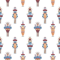 Egyptian ornament ancient column vase lotus seamless pattern. Ethnic symbols, ornate. Watercolor colorful illustration isolated from background. For souvenir products, textile, interior decorations