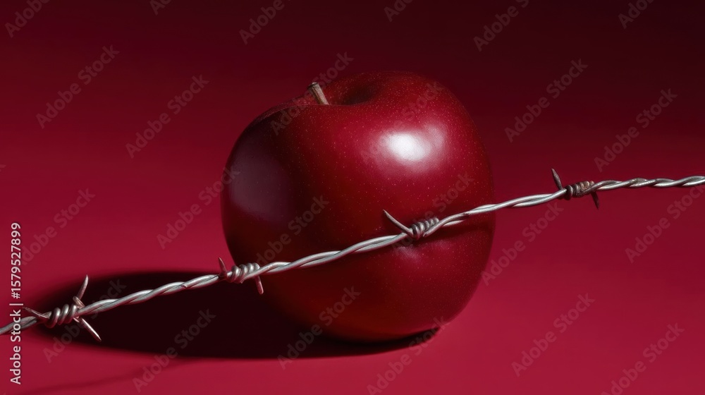 Poster close-up of a red apple with a barbed wire wrapped around it. the apple is in the center of the imag
