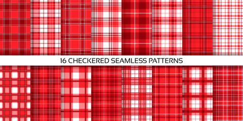 Checkered pattern. Plaid seamless background. Set retro textile prints. Gingham tartan red texture. Picnic kitchen Table cloth. Geometric tablecloth design. Vector illustration. Vichy buffalo backdrop