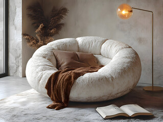 A large round chair with a blanket and pillow, a fashionable floor lamp with warm light, and an open book on the floor in a cosy corner of a modern office or apartment.