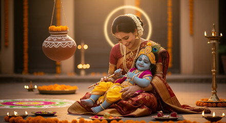 Fototapeta premium Janmashtami Celebration – Yashoda with Baby Krishna Sitting on Courtyard with Rangoli and Dahi Handi Decor