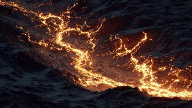 Molten river flows across a volcanic landscape.