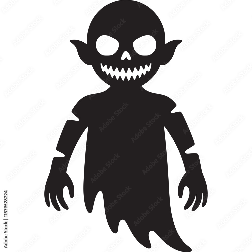 Poster a black silhouette of a spooky ghost with sharp teeth and pointy ears on a white background design o