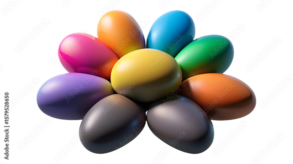 Poster a vibrant stack of glossy rainbow colored pebbles arranged in a circular pattern on a black backgrou
