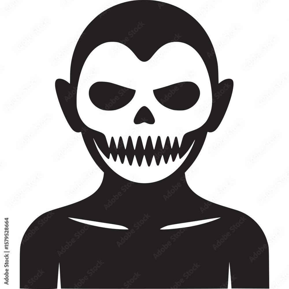 Poster a black and white graphic of a vampire with a skull face and sharp teeth on a light gray background 