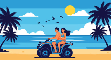 Adobe illustrator vector flat style illustration of a romantic couple riding an ATV on a vibrant summer beach, with palm tree silhouettes, ocean waves. perfect for adventurous holiday themes © meeblues