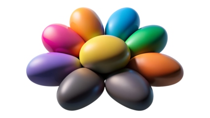 A vibrant stack of glossy rainbow colored pebbles arranged in a circular pattern on a black background on transparent background