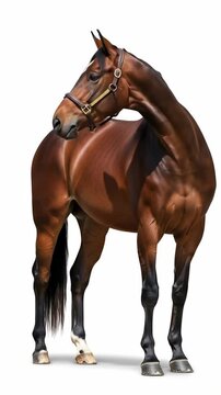Brown horse standing and looking back against a white background  