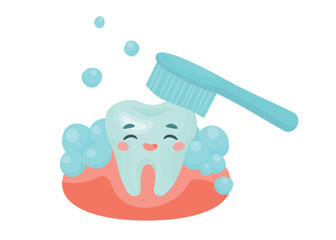 Smiling tooth character brushing teeth. Oral hygiene illustration. Daily teeth cleaning and dental care routine for kids