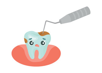 Cute tooth character during dental check up. Dental examination and regular dentist visit illustration. Oral health, sad tooth with caries