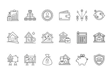 Line icons financial concepts including graphs houses wallet money bag piggy bank shield