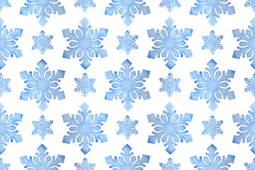 Seamless pattern with blue watercolor snowflakes on a white background. Winter watercolor background.
