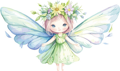 Watercolor Illustration of a Cute Fairy Girl with Flower Crown and Wings