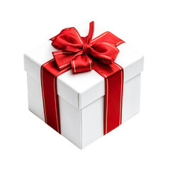 Obraz premium White gift box with red ribbon bow present surprise celebration | isolated on transparent background, perfect cutout, PNG