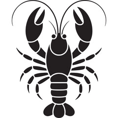 A simple black and white illustration of a lobster with large claws and long antennae design art on transparent background