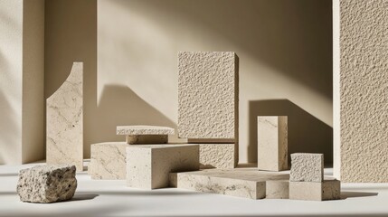 Pastel stone Podium background. Beige Concrete Material place for the product Display Presentation. Kitchen, cosmetics, jewellery podium advertising mockup photography in luxury style.