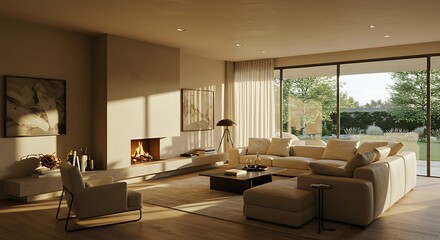 Fototapeta premium Bright and modern living room featuring a large sectional sofa, fireplace, artwork, and expansive windows overlooking a green outdoor space.