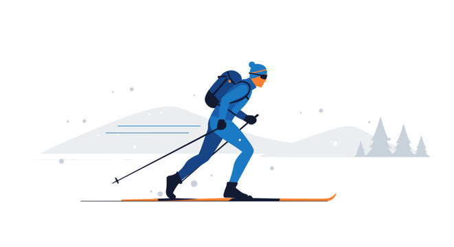 Male skier moving across snowy landscape with backpack in winter. Cross-country skiing  