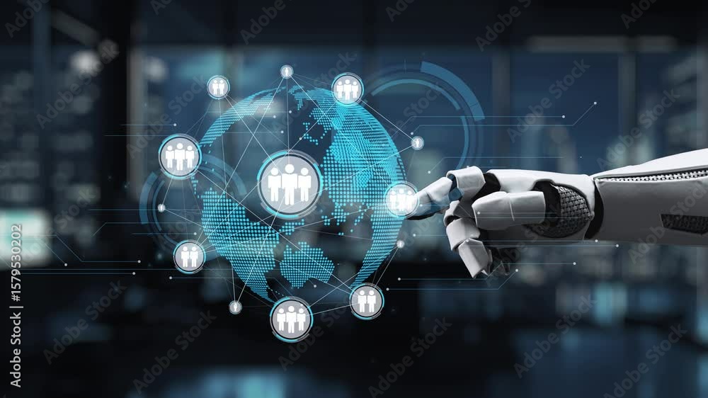 Poster a robotic hand interacts with a digital world map displaying social connections, symbolizing the int